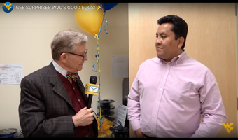 President Gordon Gee talks with Dr. Eduardo Sosa about his research and being a "Good Egg"